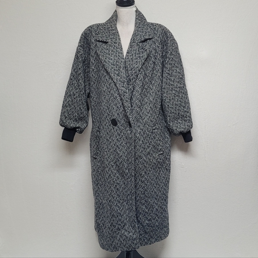 80s Vintage Black Gray Herringbone Wool Balloon Sleeve Longline Trench Coat XL - Picture 4 of 13